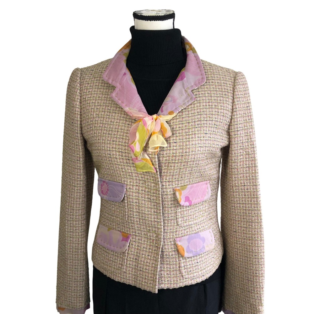 Vintage Moschino Pink Tweed Jacket Floral Neck Scarf Blazer Size 8 Silk